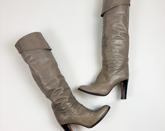 Vintage 1970s Tall Leather Slouchy Boots Grey Leather with Folded Cuff and High Stacked Heel Mignani Size 6.5
