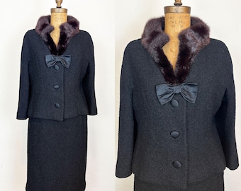 Vintage 1960s Mink Trimmed Black Wool Bouclé Skirt Suit Adolphe Zelinka Uptown Chic XS