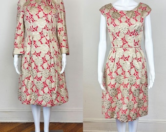 Vintage 60s Textured Metallic Floral Jacquard Dress and Coat Set Bow Details Betty Clyne XS