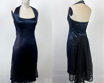 Vintage 1990s Suzanne Ermann Paris Black Satin Wiggle Dress with Chiffon Train Evening Wear Cocktail Party S