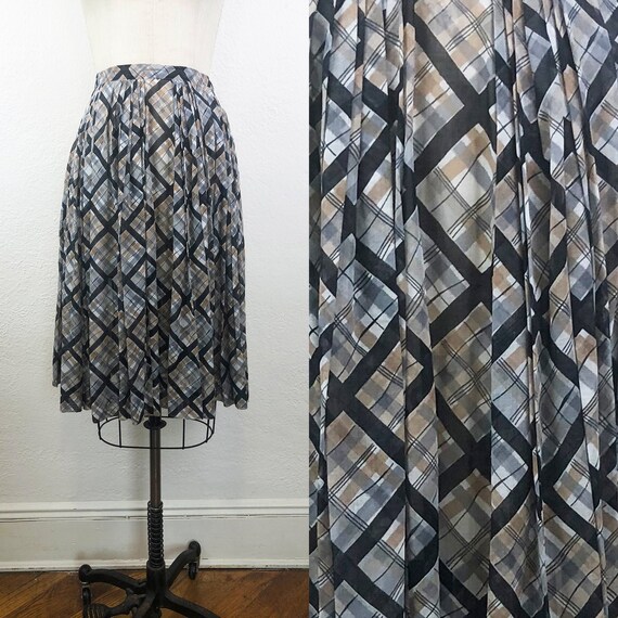 Vintage 50s Plaid Cotton Voile Skirt Black Multi N