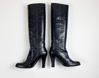 Vintage 1970s Charles Jordan Paris Black Tall Leather Boots High Stacked Heel Size 6