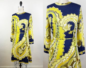 Vintage 70s Leonard of Paris Printed Paisley Wool Jersey Knit Dress/ 1970s Leonard Fashions Classic Chic Printed Wool Dress M