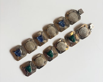 Vintage Midcentury Sterling Silver Bracelet with Aztec Calendars and Masks Signed Mexico Taxco Eagle