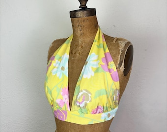 Vintage 70s Yellow Floral Halter Top Deep V Neck Poppies S/M