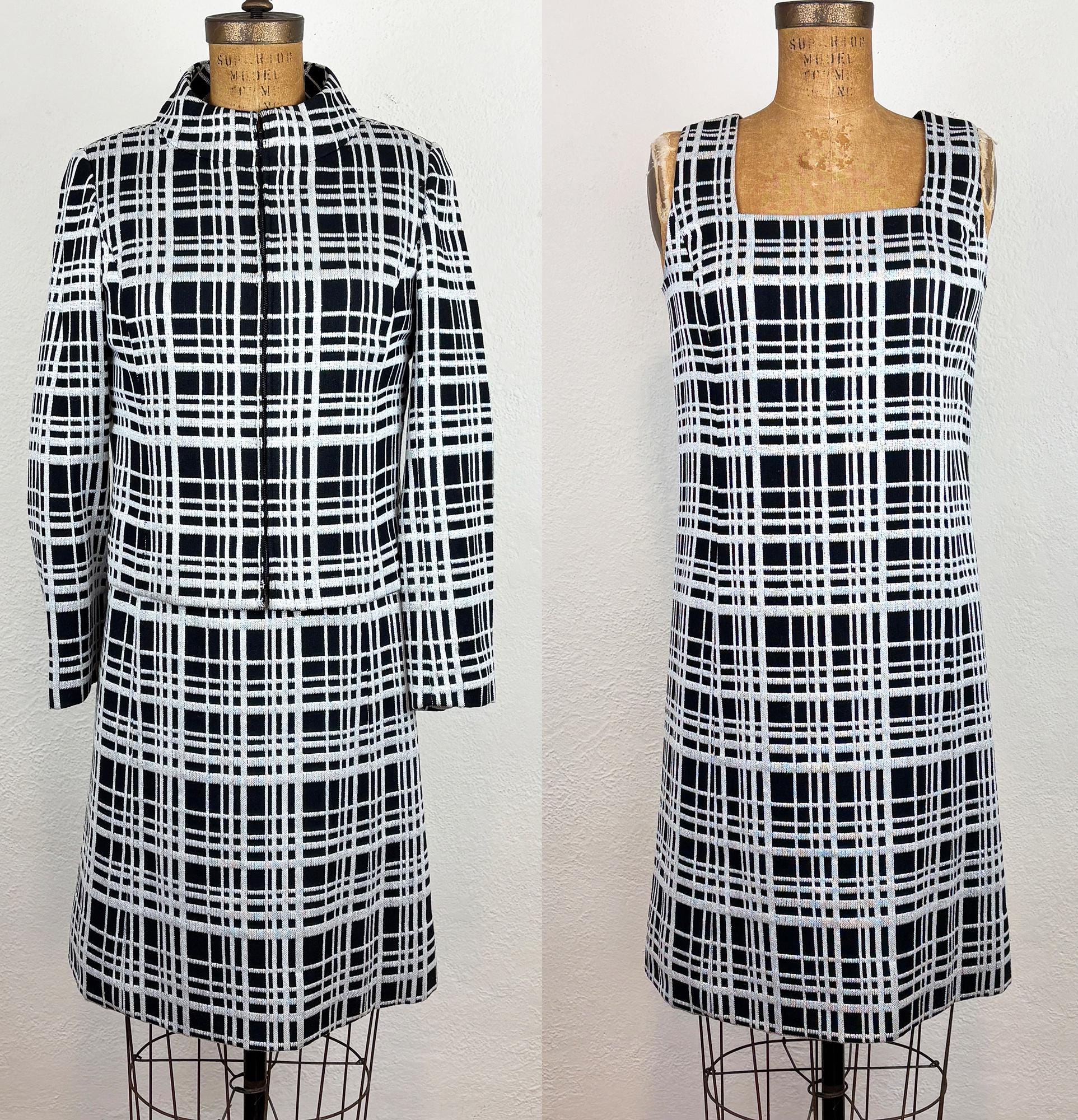 Vintage 60s Mod Metallic Black and Silver Plaid Dress With