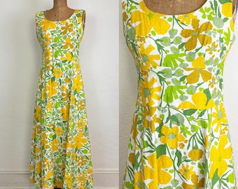 Beautiful Vintage 1960s Yellow and Green Floral Cotton Summer Maxi Dress  S