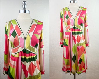 Vintage 60s Emilio Pucci Pink Green Multi Silk Jersey Dress/1960s Mod Pucci S