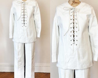 Vintage Late 1960s Anne Klein White Leather Lace Up Tunic Pantsuit 2 Pieces