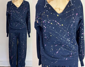 Vintage 1980s Splatter Print Navy Sweatshirt Sweatpants Set with Rhinestones