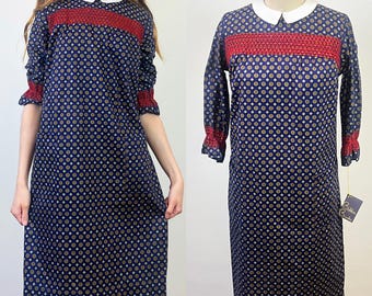 Vintage 1960s Bobbie Brooks Navy Foulard Print Smocked Dress with White Collar S