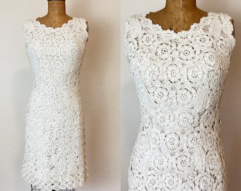 Vintage 50s 60s White Crocheted Raffia Wiggle Dress Paoli Creazione Made in Italy S