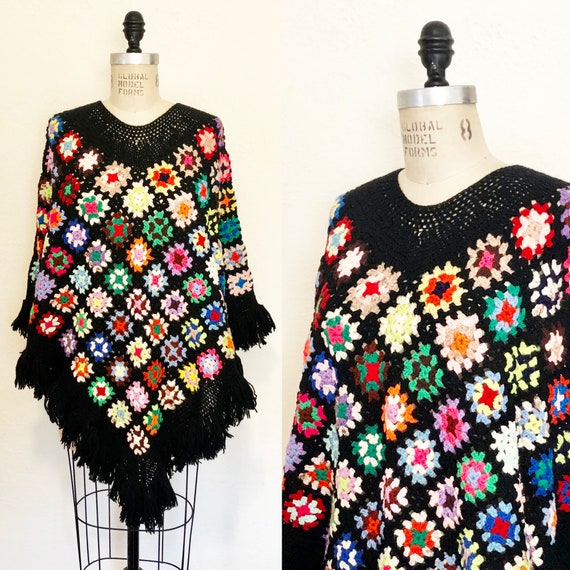 Vintage 70s Crochet Granny Square Poncho Cozy and