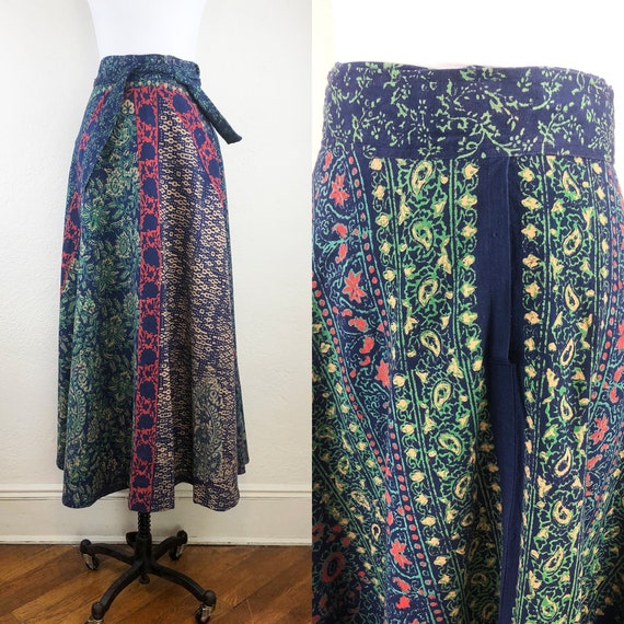 Vintage 70s Indian Cotton Maxi Skirt Block Print N