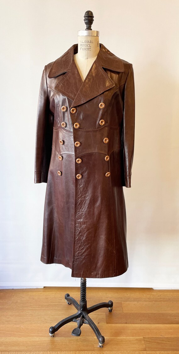 VTG 60S 70S MOD DOUBLE BREAST BROWN LEATHER TRENCH MAC FAUX FUR LINED JACKET 16