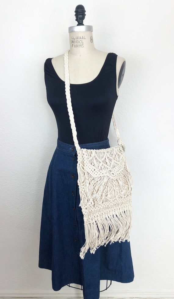 Vintage 70s White Macrame Shoulder Bag Crossbody H