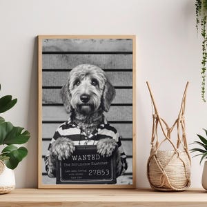 Poster Mugshot personnalisé Labradoodle drôle de prison - Art mural chien vintage