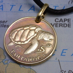 Cape Verde 1 EscudosSea Turtle Two Tone Gold Filled Bezel Coin Pendant with 18 Chain