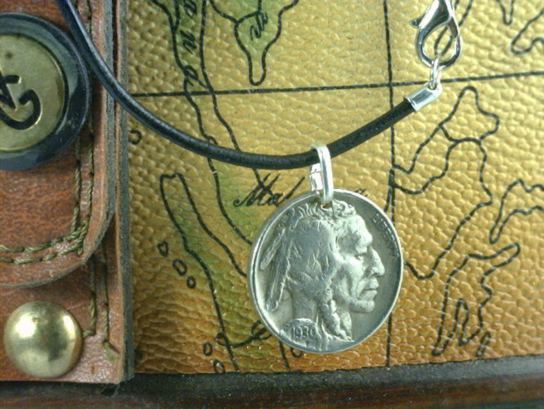- Free Velvet Pouch - United States Choose Length Indian Head Nickel Real Leather Necklace wClasp - - Genuine Coin Pendant 1-A1