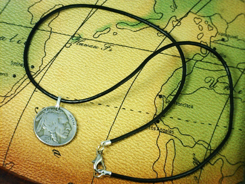- Free Velvet Pouch - United States Choose Length Indian Head Nickel Real Leather Necklace wClasp - - Genuine Coin Pendant 1-A1