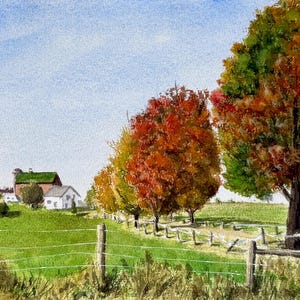 Original Watercolor Painting: Autumn Farm in Wellesley, ON