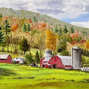 Original Aquarellbild: Herbst auf einer Farm in Vermont