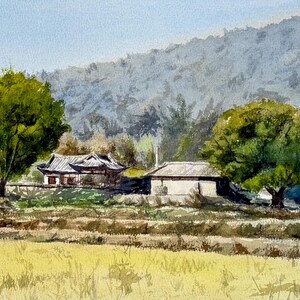 Original Watercolor Painting: Autumn Country Village, Korea
