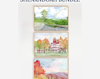 Shenandoah Painting Set, Southern Virginia University, Buena Vista Print, Blue Ridge Mountains, Virginia Landscape,Graduation, SVU Main Hall