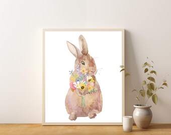 Spring Easter Bunny, Easter Decoration Floral Painting, Nursery Art, Modern Christian, Watercolor Painting, Artwork for Spring,Printable Art