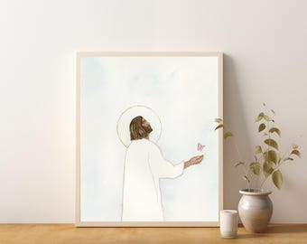 The Mighty God, Painting of Jesus Christ, Cute Nursery Art, Modern Christian, Watercolor Painting, Jesus Leaves the 99, Butterfly Art