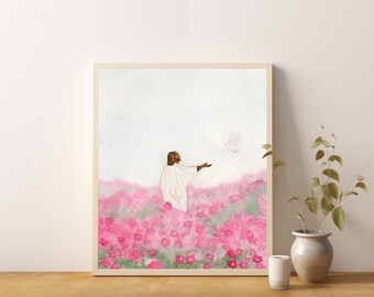 My Peace I Give, Floral Painting, Painting of Jesus Christ, Savior, Nursery Art, Modern Christian, Watercolor Painting, Pink Flowers, Dove