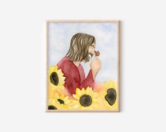 Lord of All Creation,  Painting of Jesus Christ, Savior, Nursery Art, Jesus Smiling, Watercolor Sunflowers, Printable Art, Butterfly