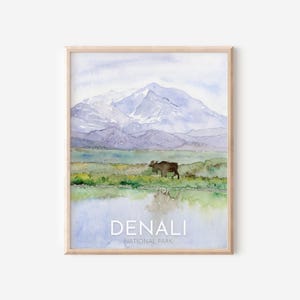 Pintura del Parque Nacional Denali, Impresión artística de Alaska, Pintura de la montaña Denali, Paisaje de Alaska, Acuarela de montaña, Regalo de parques nacionales, Impresión