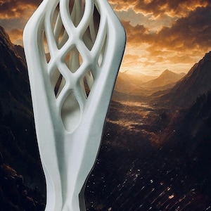 May include: A tall, white, abstract sculpture with a lattice-like design. The sculpture has a smooth, curved exterior and a complex, open interior. The background features a dramatic landscape with mountains and a sunset.