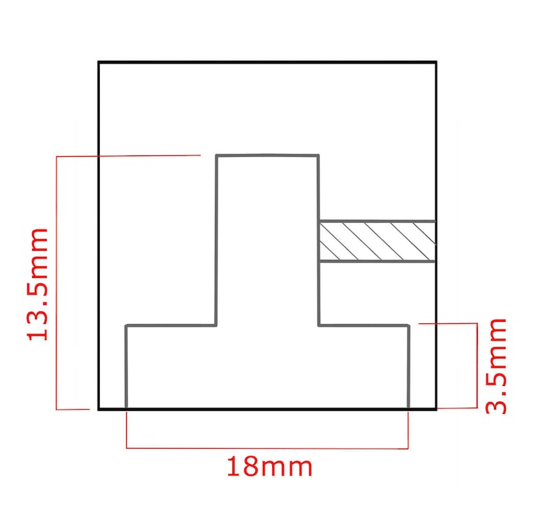 May include: A black and white line drawing of a T-shaped block with dimensions of 13.5 mm by 18 mm by 3.5 mm.