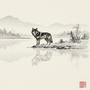 May include: A black and gray wolf stands on a rocky shore, its reflection mirrored in the calm water. The watercolor painting depicts a serene landscape with mountains and trees in the background, rendered in shades of gray and white.