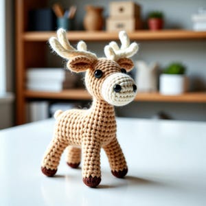 Puede incluir: Un juguete de reno de crochet con pelo marrón y blanco, ojos negros y nariz marrón. El reno está de pie sobre una superficie blanca.