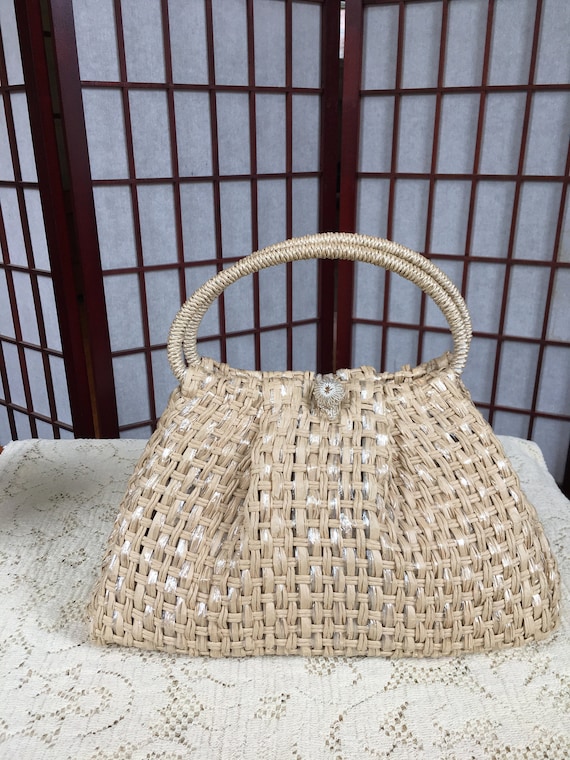 1950s Straw Market Tote Basket Bag