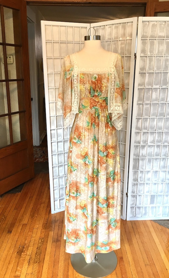 1970s Lace Flutter Sleeve Maxi Dress