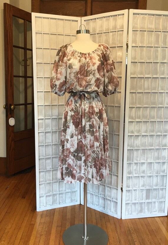 1970s Fall Floral Chiffon Blouson Dress with Ballo