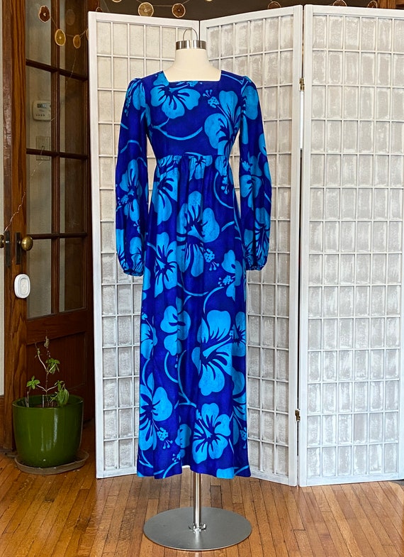 1960s Rare Blue Pomare Tahiti Hawaiian Maxi Dress