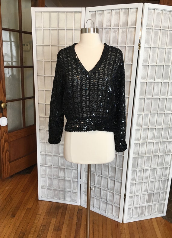 1970s Black Sequin Batwing Disco Blouse