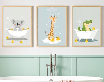 Set of 3 Animals in Bathtub Prints – Kids Bathroom Wall Art (Digital Download)