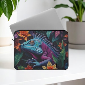 Vibrant Iguana Laptop Sleeve - Tropical Nature Case, Colorful Laptop Cover, Floral Computer Sleeve, Gift for Nature Lovers, Boho Decor