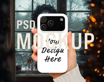 iPhone 17 Case Mockup PSD – Christmas Scene, Editable Background (Digital Download)