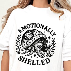 Emotionally Shelled Vintage Celestial Crab Shirt | Hermit Crab Reading Tee | Mystical Sun & Moon Shell Illustration