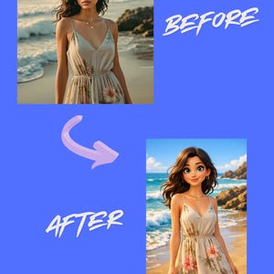 Può includere: Confronto di immagini di una donna con un abito floreale su una spiaggia, prima e dopo il miglioramento digitale. L'immagine "Prima" è una foto, l'immagine "Dopo" è un cartone animato. I testi "PRIMA" e "DOPO" sono inclusi.