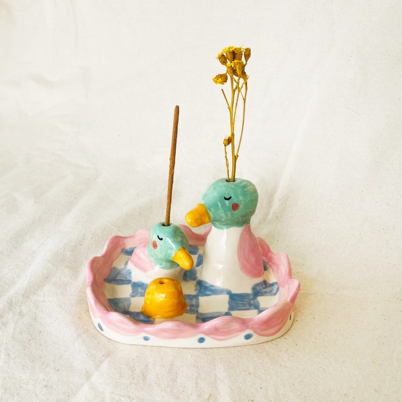 Valentine ed. The Duckies Sculptural Ceramic Incense Flower holder, handmade ceramic incense holder, ceramic flower holder image 5