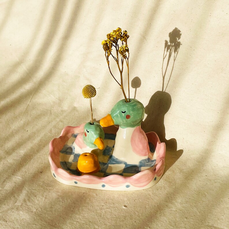 Valentine ed. The Duckies Sculptural Ceramic Incense Flower holder, handmade ceramic incense holder, ceramic flower holder image 3