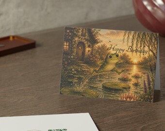 ハッピーバースデー カエルカード | 風変わりなコテージと池の風景の水彩画グリーティングカード